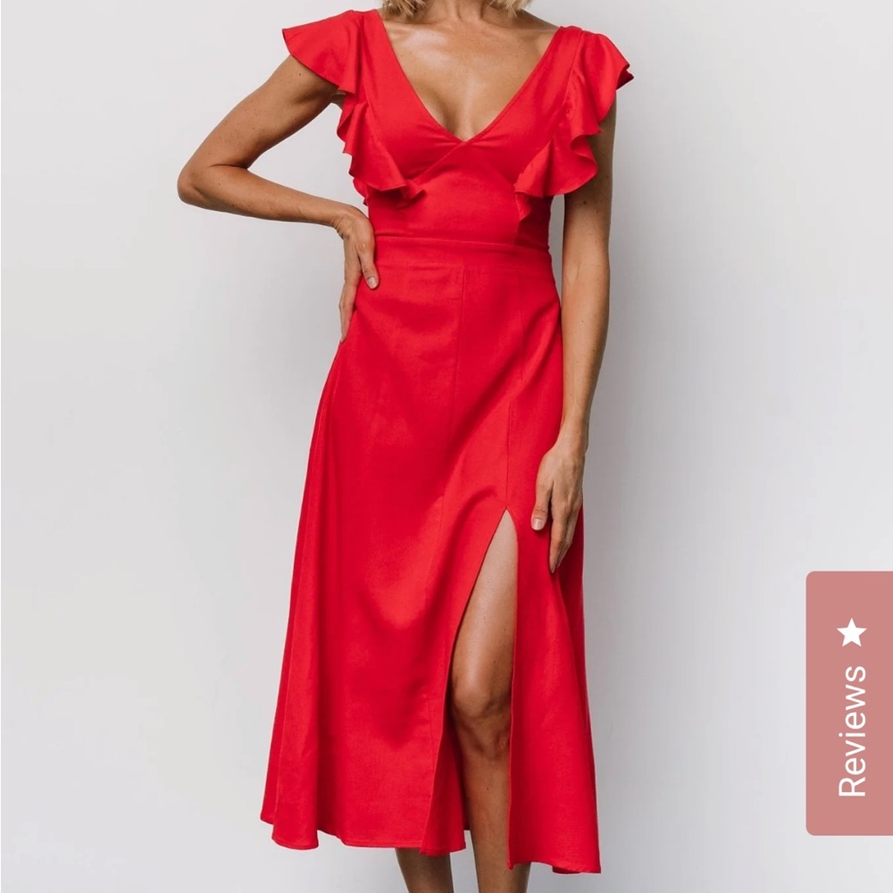 Baltic Born Red Wrap Midi Dress with Flutter Sleeves